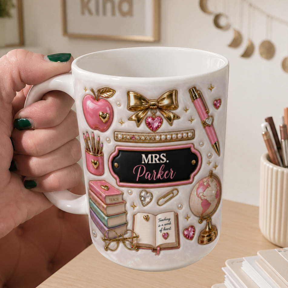 Personalized Pink Teacher Mug, Custom Name Teacher Gift, Back to School Mug