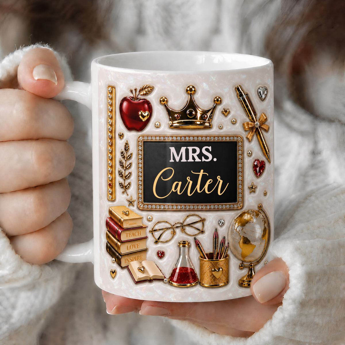 Personalized Mrs Teacher Name Mug, Gold Crown Back to School Teacher Gift