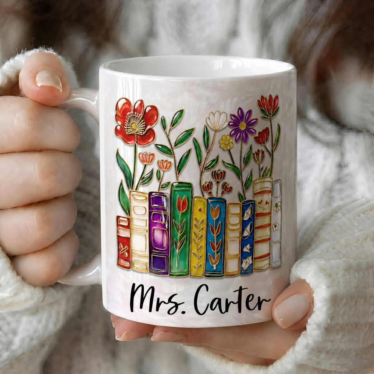 Personalized Teacher Name Mug, Custom Floral Books Teacher Mug, Back to School Gift