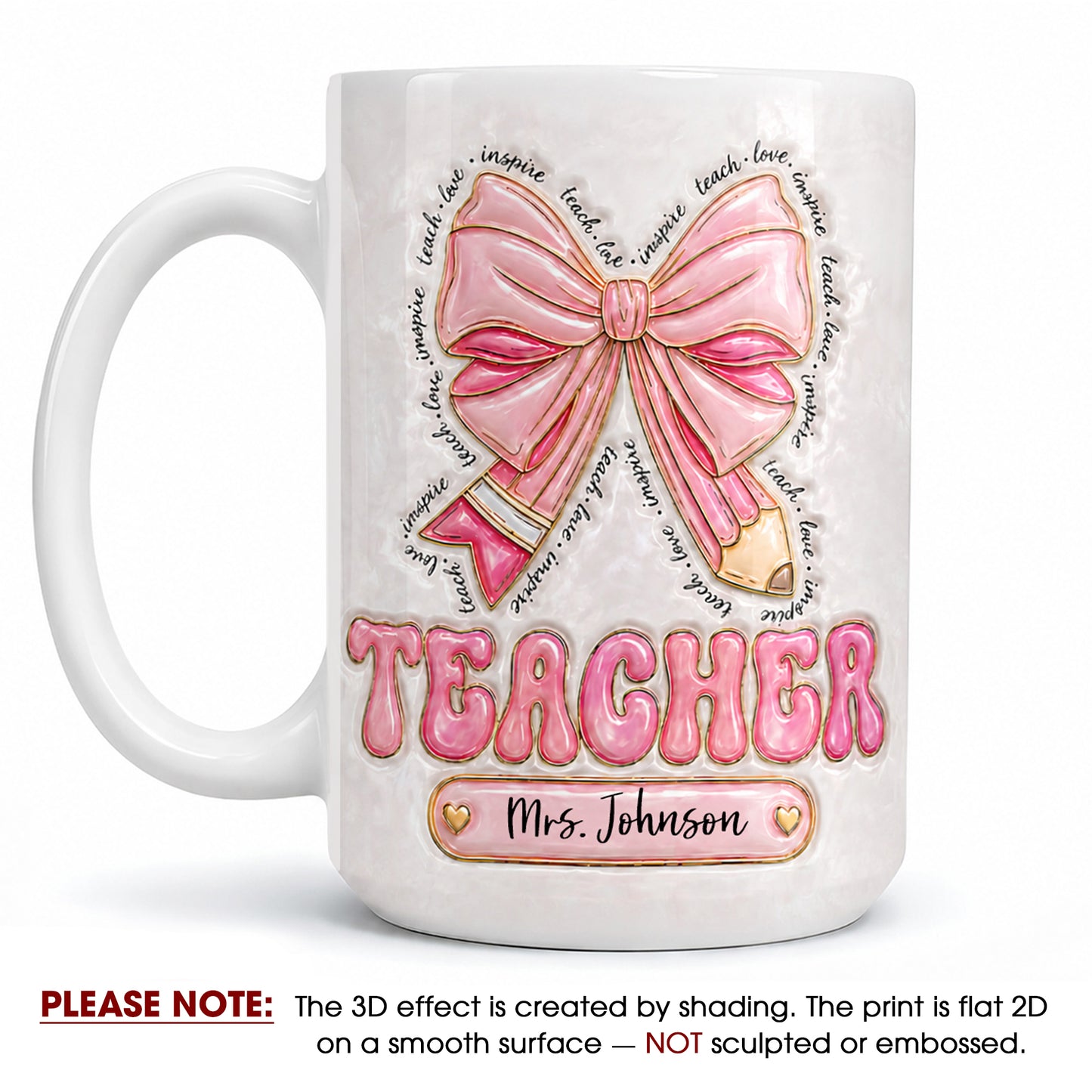 Personalized Teacher Name Mug, Custom Pink Bow Teacher Gift for Back to School