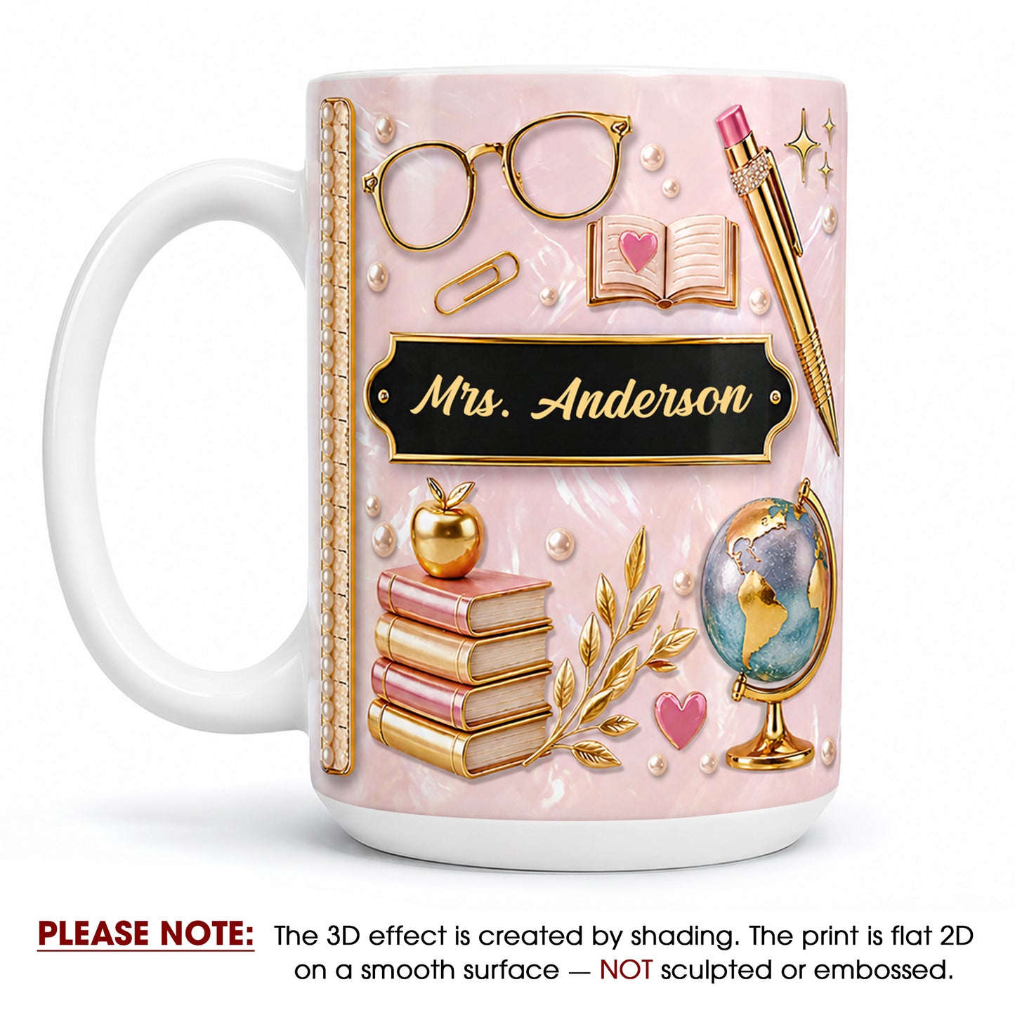 Personalized Teacher Name Mug, Pink Faux 3D Back to School Teacher Gift