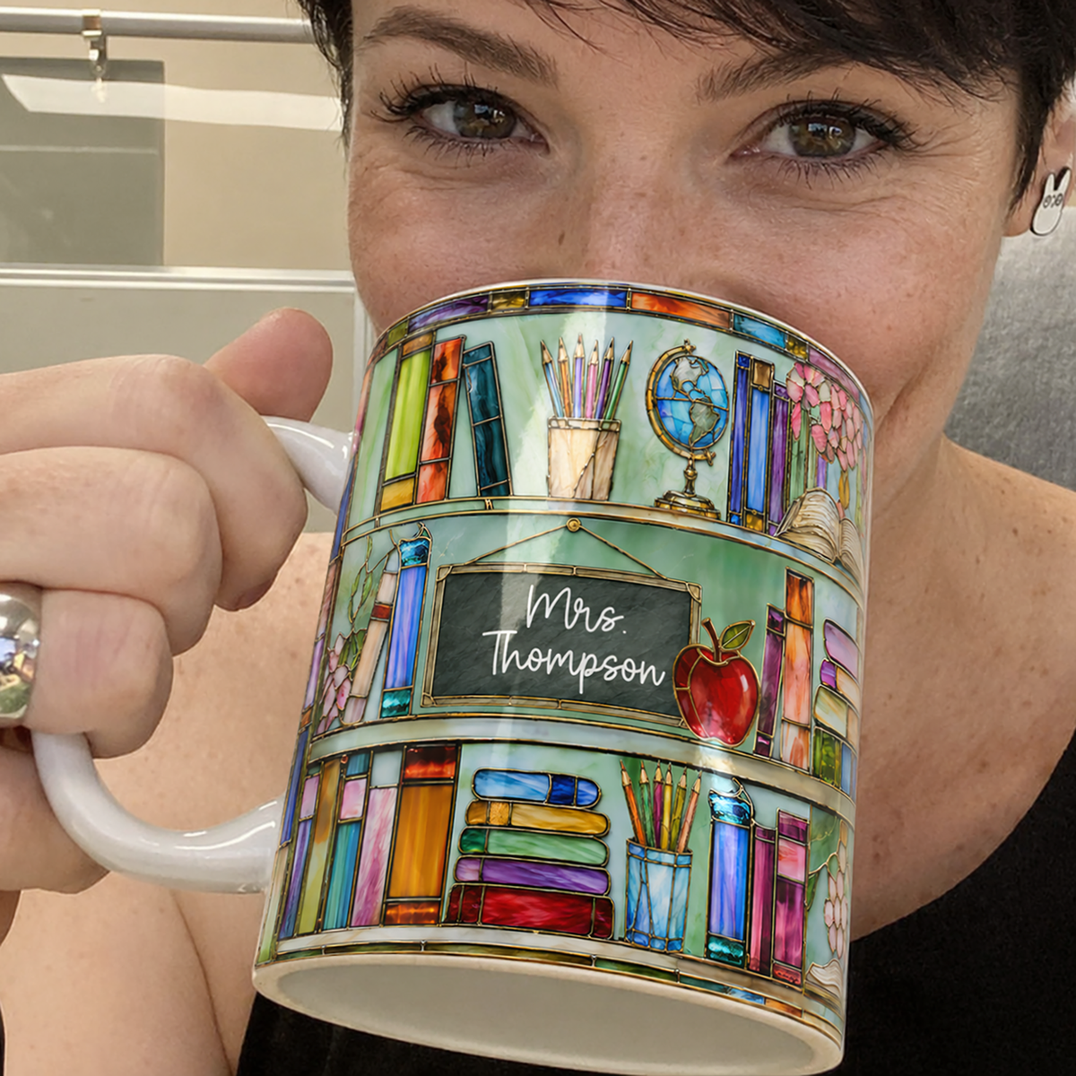 Personalized Teacher Name Mug, Stained Glass Style Bookshelf Mug, Back to School Gift
