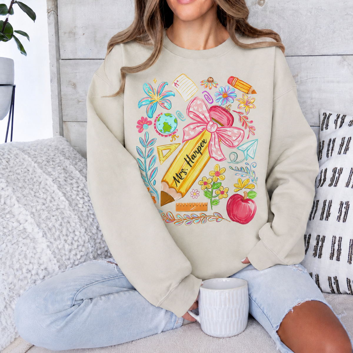 Personalized Teacher Shirt & Sweatshirt, Custom Teacher Name Pencil Design, Back to School Teacher Gift