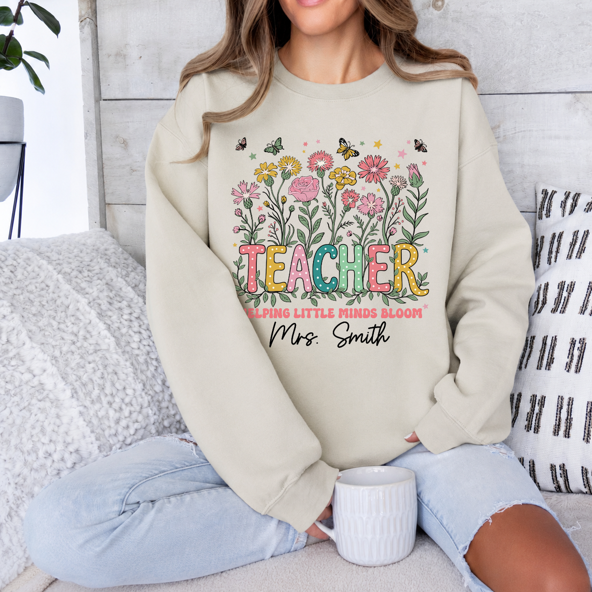 Personalized Teacher Shirt & Sweatshirt, Helping Little Minds Bloom Custom Teacher Name Apparel, Back to School Gift
