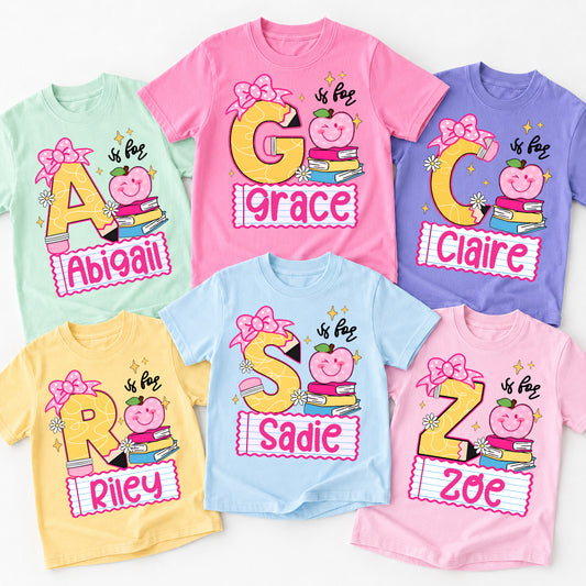 Personalized Girls Back to School Shirt, Custom Name and Initial Kids Tee
