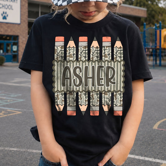 Personalized Kids Camo Pencil Shirt, Custom Name Back to School Youth Tee