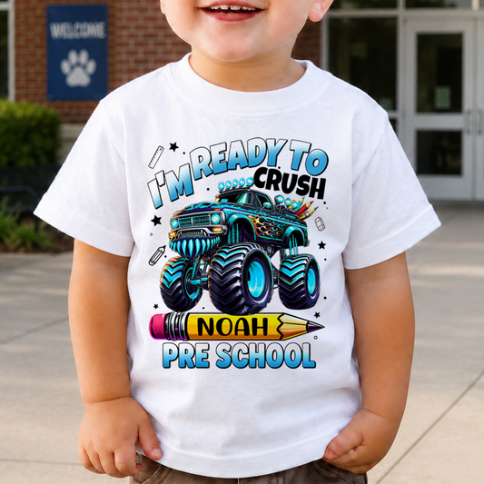 Personalized Monster Truck Kids Shirt, Custom Name and Grade Back to School Youth Tee For Boys