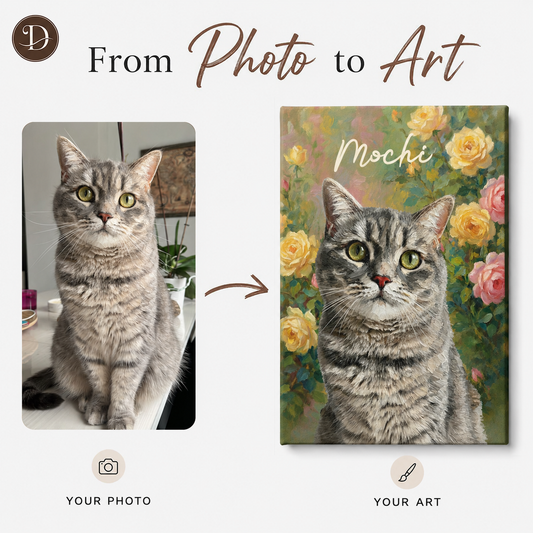 Personalized Cat Portrait Canvas, Custom Pet Photo Oil Painting Style Wall Art