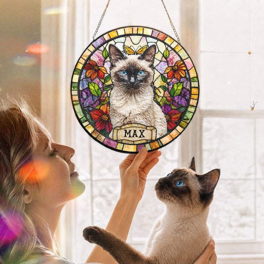 Personalized Cat Portrait Stained Glass Suncatcher, Custom Gift for Cat Lovers