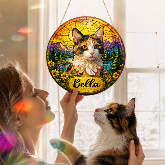 Personalized Cat Portrait Stained Glass-Style Suncatcher, Custom Pet Photo Window Gift for Cat Lovers