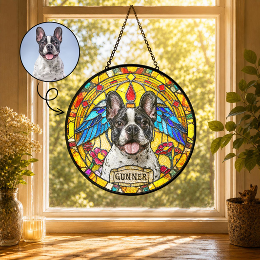 Personalized Dog Portrait Stained Glass Suncatcher, Custom Pet Memorial Gift for Dog Lovers