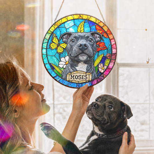 Custom Dog Portrait Stained Glass Suncatcher, Personalized Pet Window Decor Gift for Dog Lovers