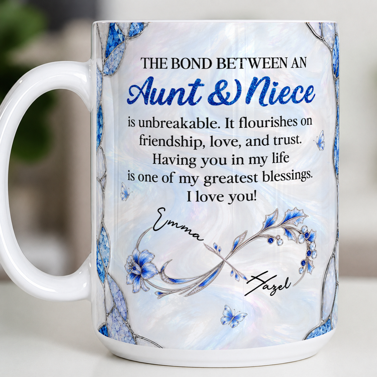 Personalized Aunt & Niece Ceramic Mug – Blue Floral Infinity Bond Is Unbreakable Greatest Blessings Custom Names Gift For Niece