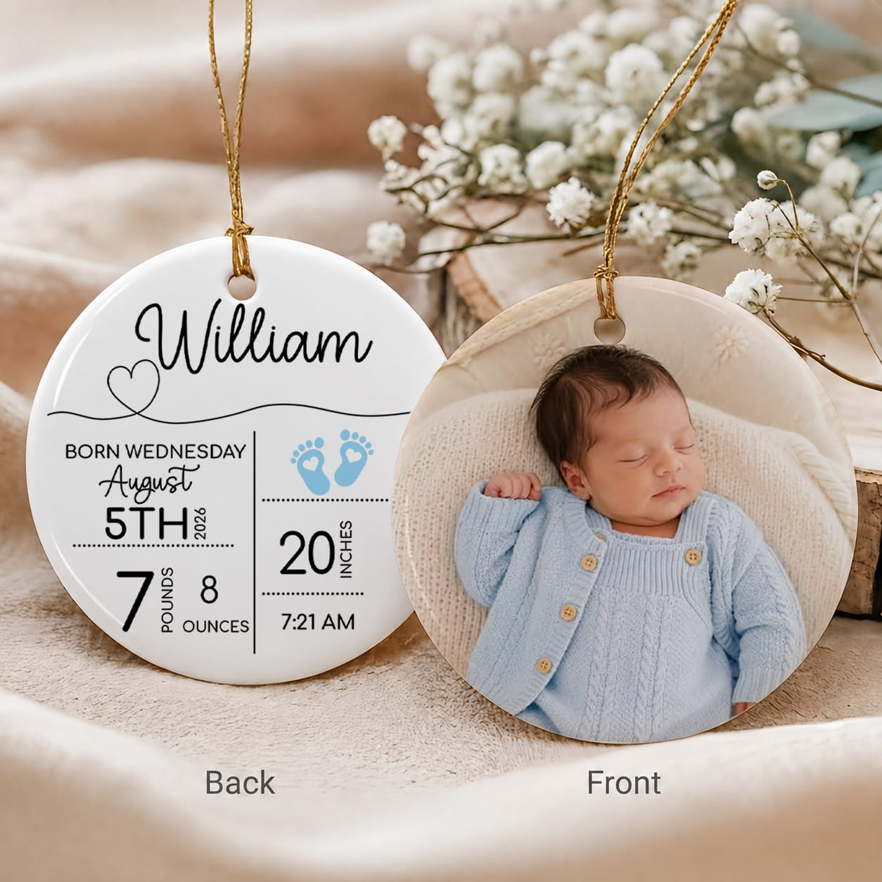 Personalized Baby Birth Stats Photo Christmas Ceramic Ornament – Newborn Keepsake Gift