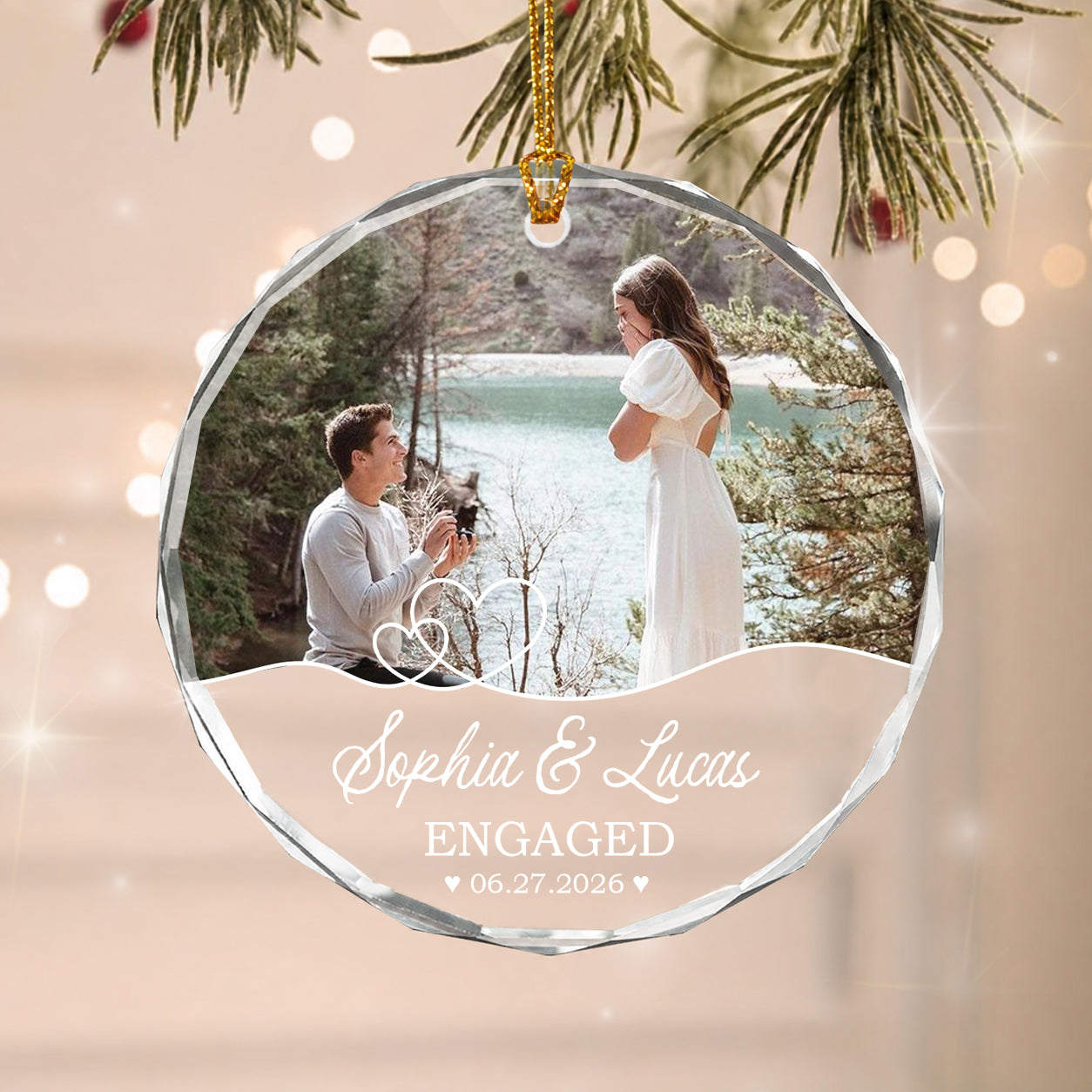 Personalized First Christmas Engaged Glass Ornament – Custom Photo Gift for Couples
