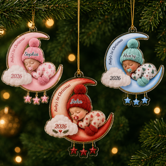 Personalized Baby’s First Christmas 2026 Custom-Shaped Acrylic Ornament – Custom Name Crescent Moon Keepsake for Baby Boy or Girl