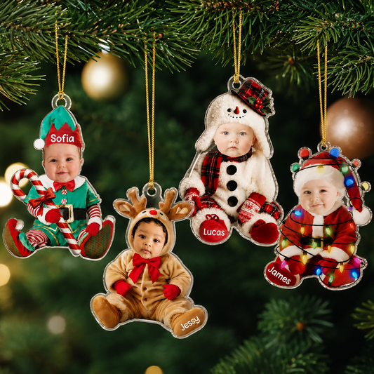 Personalized Baby’s First Christmas Photo Acrylic Ornament – Elf, Santa, Snowman & Reindeer