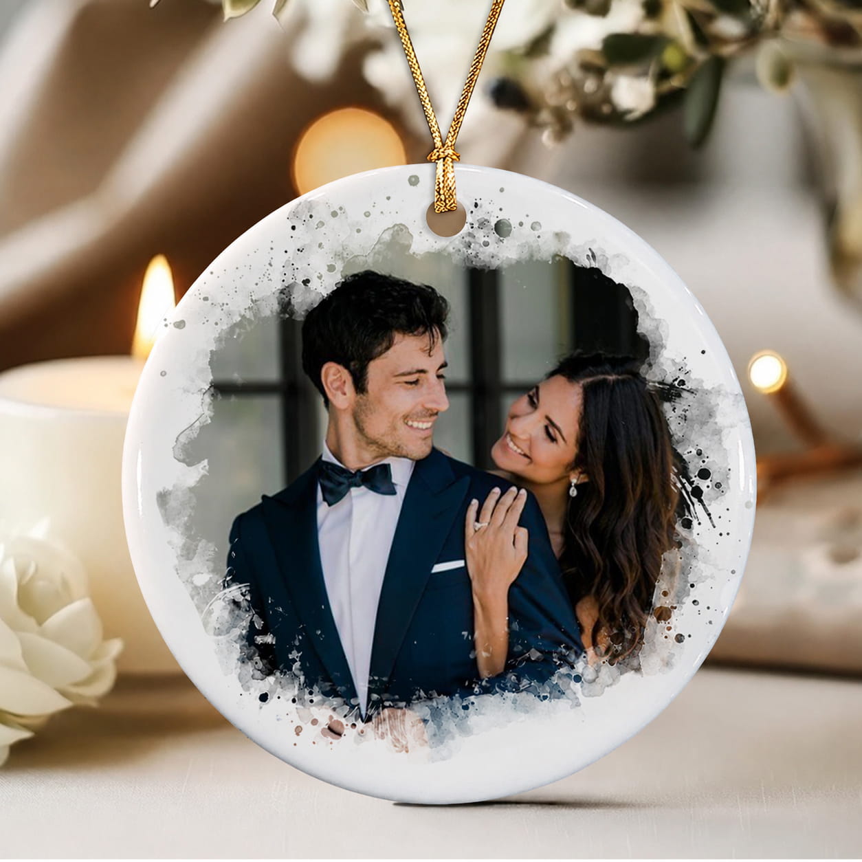 Personalized Our First Christmas Engaged 2-Sided Ceramic Ornament – Custom Couple Photo & Date Engagement Gift for Fiancé or Fiancée
