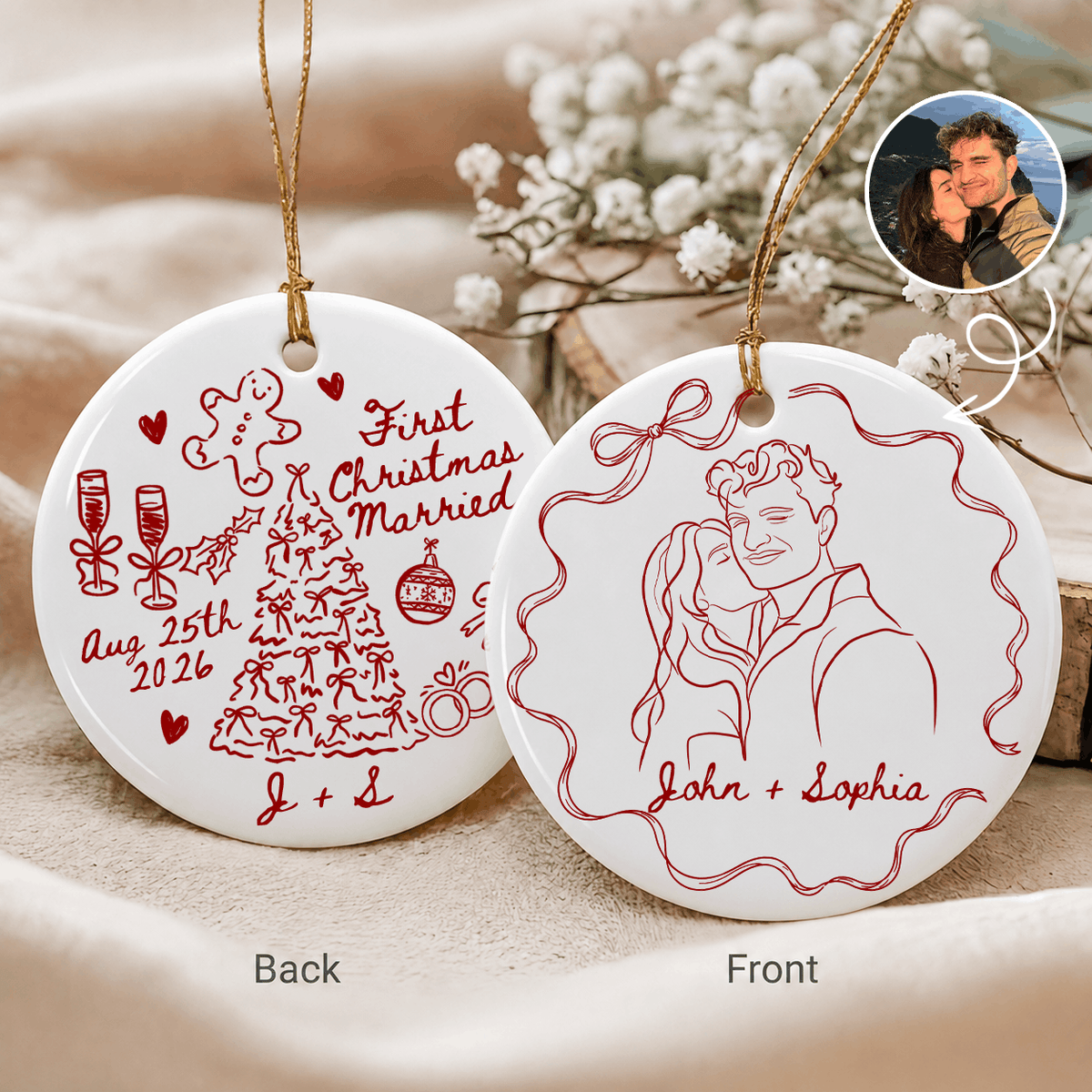 Personalized First Christmas Married Ceramic Circle Ornament – Red Doodle Line Art Custom Photo Portrait Names Date Newlywed Anniversary Gift For Couple