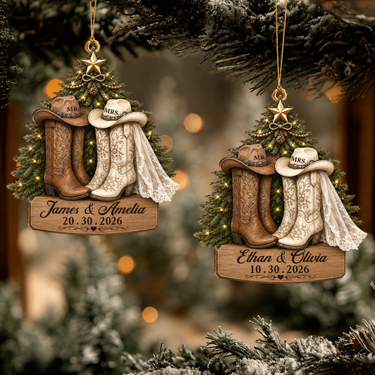 Personalized Mr & Mrs Wedding Boots Wood Ornament – Couple Anniversary Christmas Gift