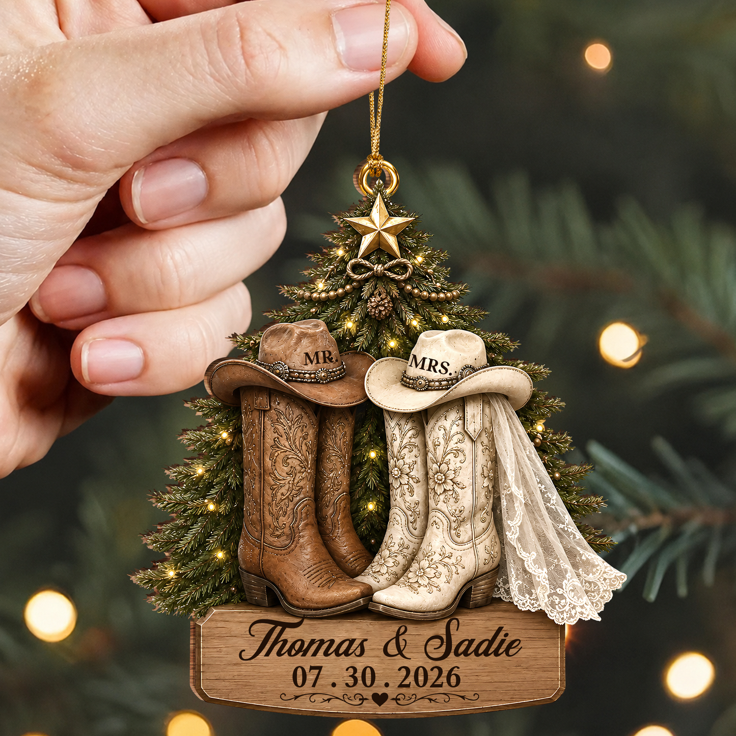 Personalized Mr & Mrs Wedding Boots Wood Ornament – Couple Anniversary Christmas Gift