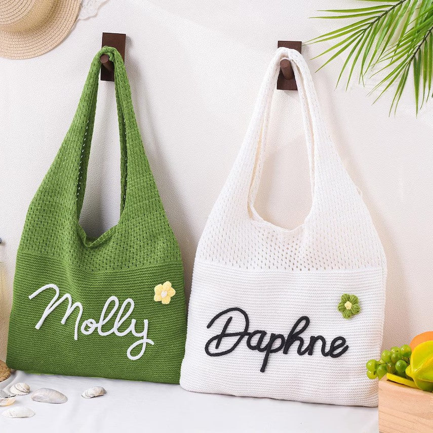 Personalized Knit Hollow-Out Shoulder Bag, Custom Grandma Name Bag, Grandparents Day Gift