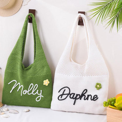 Personalized Knit Hollow-Out Shoulder Bag, Custom Grandma Name Bag, Grandparents Day Gift