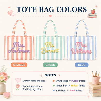 Personalized Teacher Tote Bag, Custom Name Striped Tote Bag, Back to School Teacher Gift