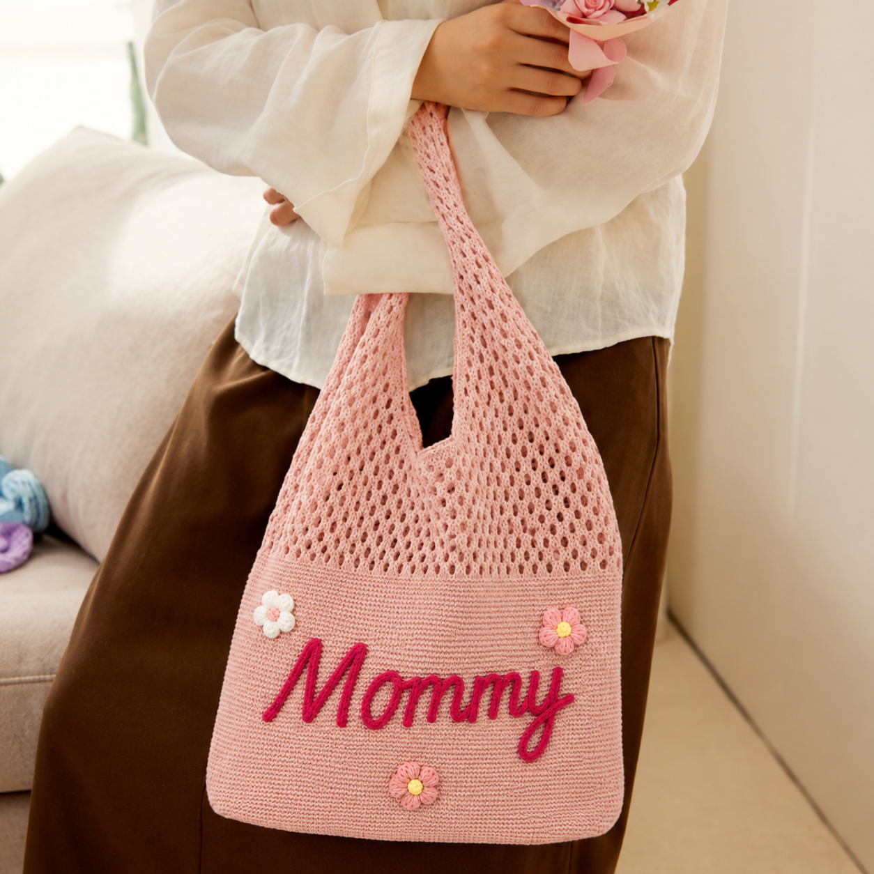 Personalized Knit Hollow-Out Shoulder Bag, Custom Grandma Name Bag, Grandparents Day Gift