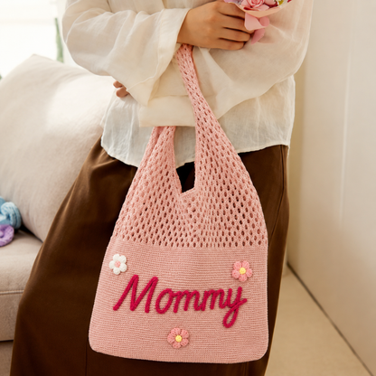 Personalized Knit Hollow-Out Shoulder Bag, Custom Grandma Name Bag, Grandparents Day Gift