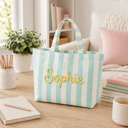 Personalized Teacher Tote Bag, Custom Name Striped Tote Bag, Back to School Teacher Gift
