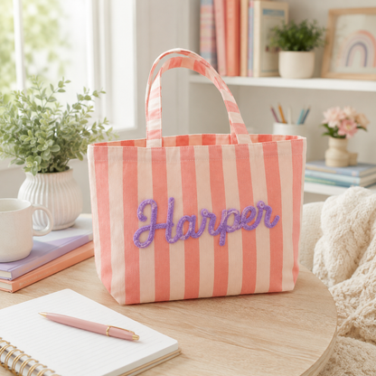 Personalized Teacher Tote Bag, Custom Name Striped Tote Bag, Back to School Teacher Gift