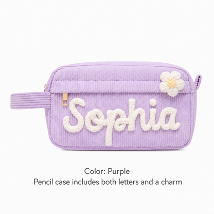 Personalized Girls Pencil Case, Custom Name Pencil Pouch with Flower Charm, Back to School Gift