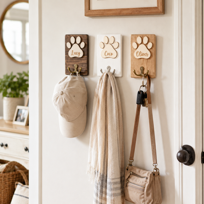 Personalized Wooden Dog Paw Hook, Custom Pet Name Wall Hook, Dog Leash Holder