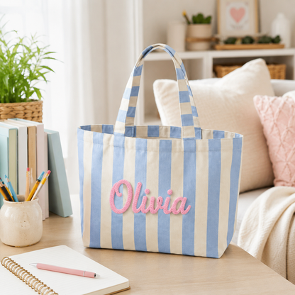 Personalized Teacher Tote Bag, Custom Name Striped Tote Bag, Back to School Teacher Gift