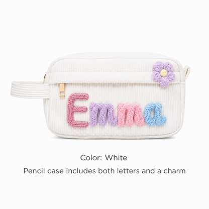 Personalized Girls Pencil Case, Custom Name Pencil Pouch with Flower Charm, Back to School Gift