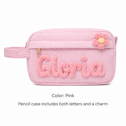 Personalized Girls Pencil Case, Custom Name Pencil Pouch with Flower Charm, Back to School Gift