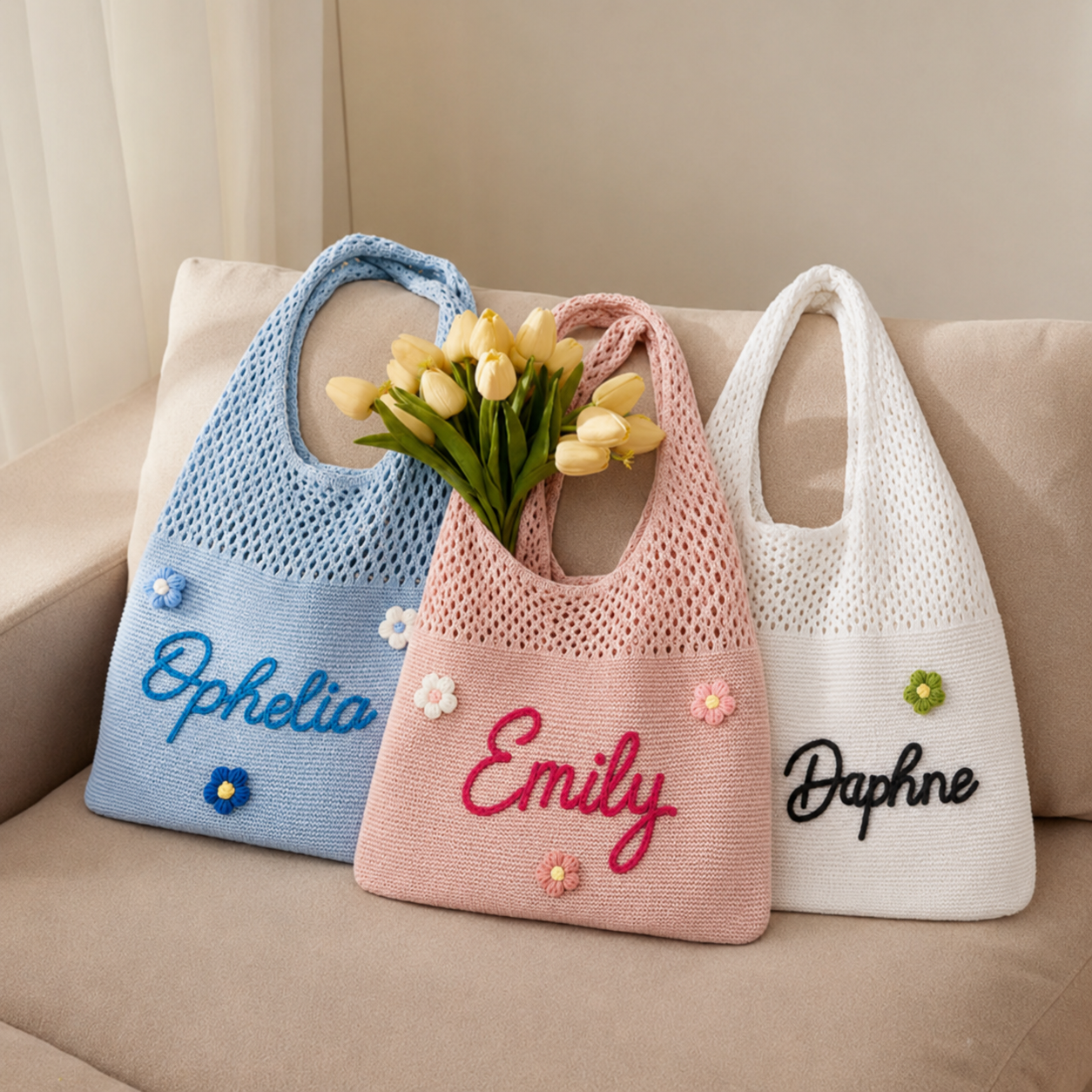 Personalized Knit Hollow-Out Shoulder Bag, Custom Grandma Name Bag, Grandparents Day Gift