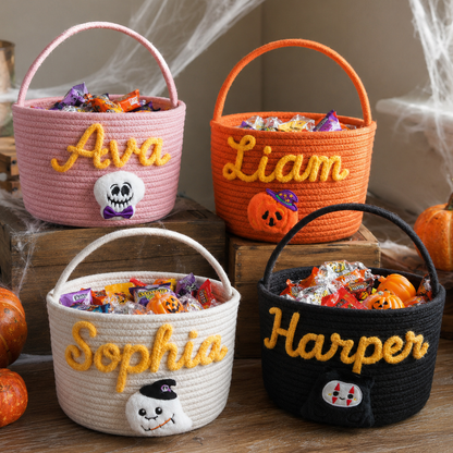 Personalized Halloween Candy Basket – Custom Name Rope Trick or Treat Bag for Kids