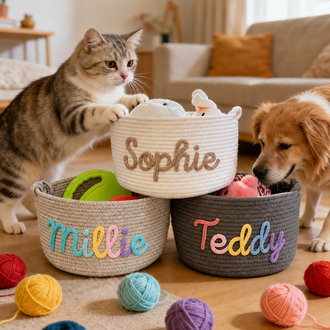 Personalized Pet Toy Storage Basket, Custom Cat and Dog Toy Basket, Pet Name Storage Bin