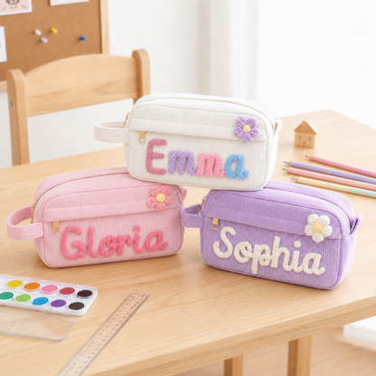 Personalized Girls Pencil Case, Custom Name Pencil Pouch with Flower Charm, Back to School Gift
