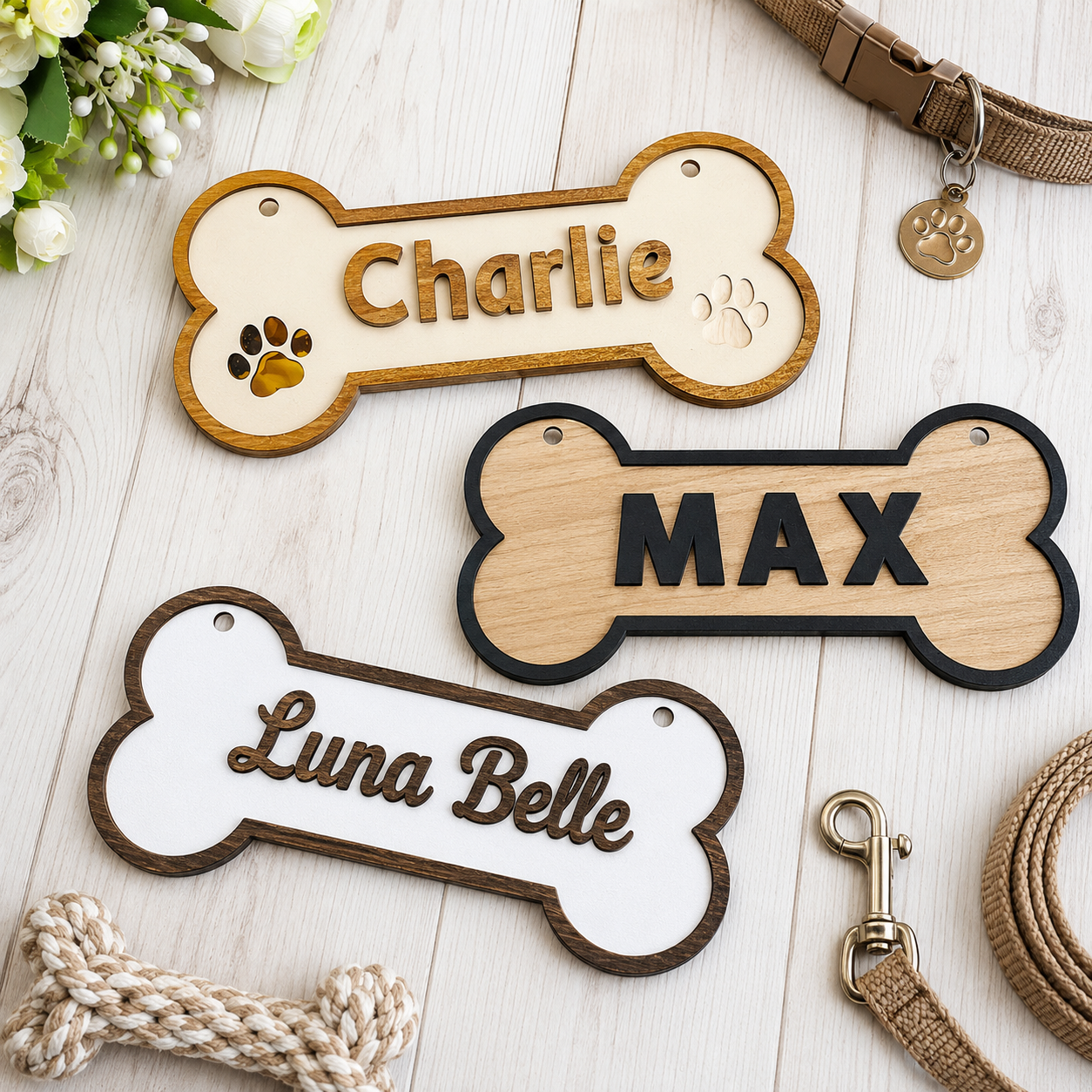Personalized Dog Bone Name Sign, Custom Wooden Pet Name Wall Decor