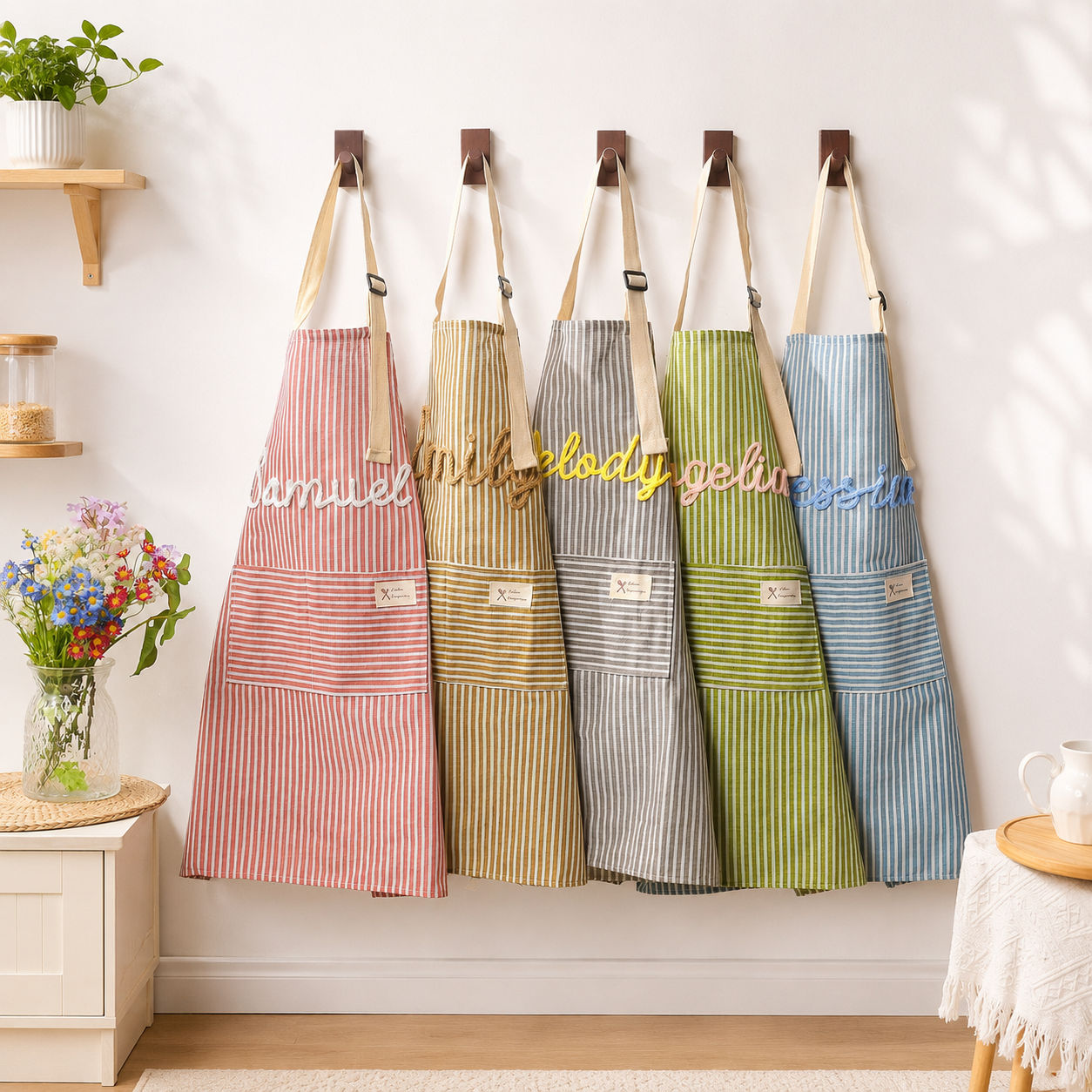 Personalized Grandma Apron, Custom Name Striped Kitchen Apron, Grandparents Day Gift for Grandma