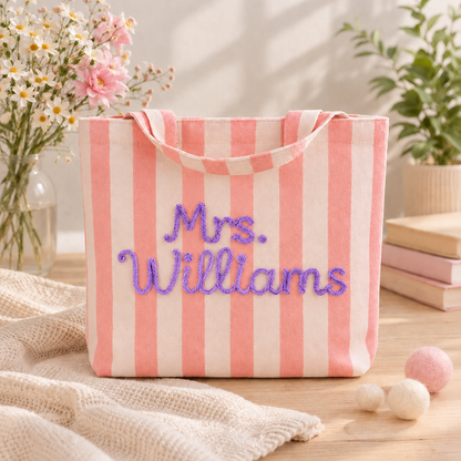 Personalized Teacher Tote Bag, Custom Name Striped Tote Bag, Back to School Teacher Gift