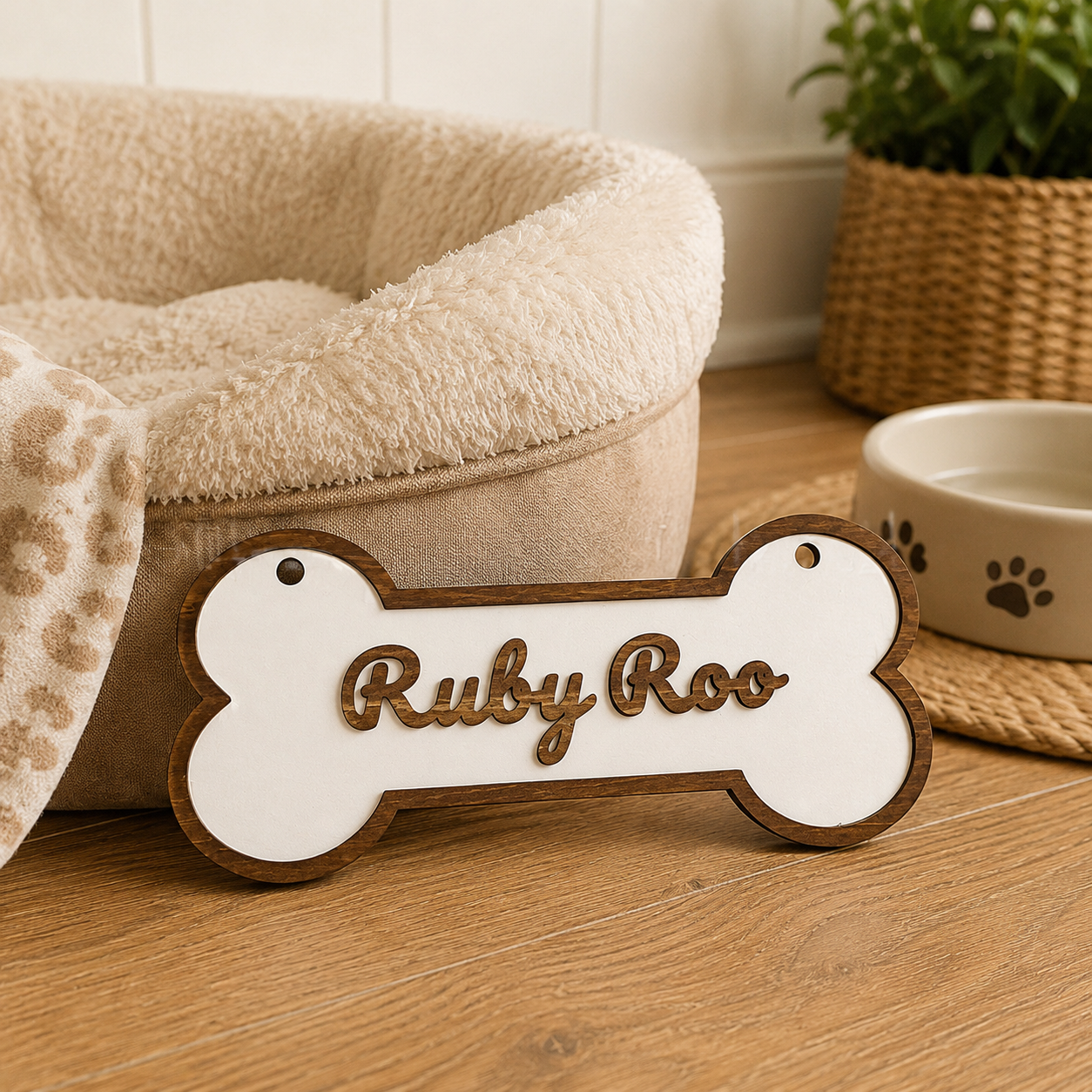 Personalized Dog Bone Name Sign, Custom Wooden Pet Name Wall Decor