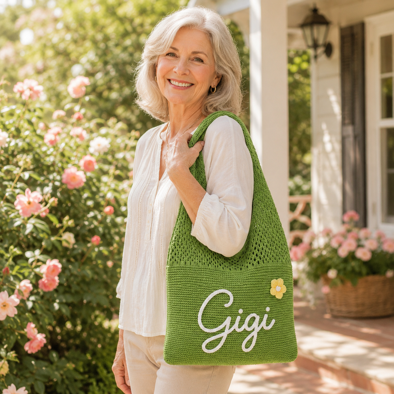 Personalized Knit Hollow-Out Shoulder Bag, Custom Grandma Name Bag, Grandparents Day Gift