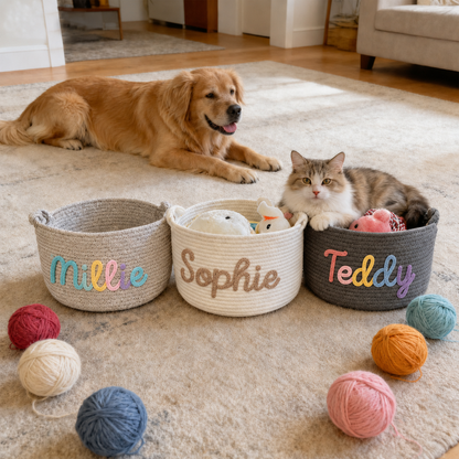 Personalized Pet Toy Storage Basket, Custom Cat and Dog Toy Basket, Pet Name Storage Bin