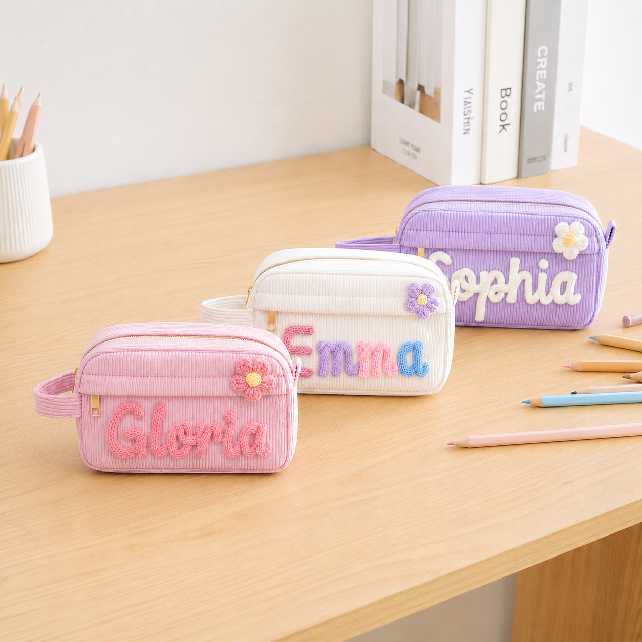 Personalized Girls Pencil Case, Custom Name Pencil Pouch with Flower Charm, Back to School Gift