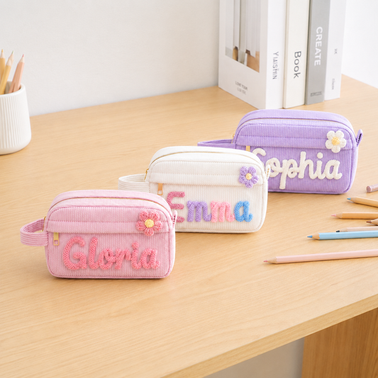 Personalized Girls Pencil Case, Custom Name Pencil Pouch with Flower Charm, Back to School Gift