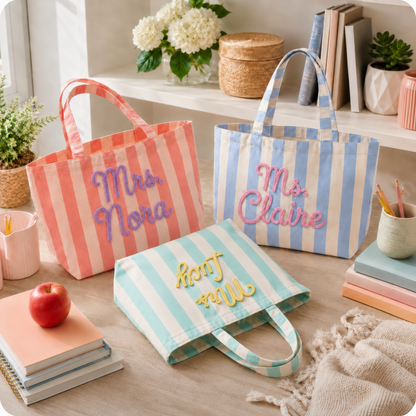 Personalized Teacher Tote Bag, Custom Name Striped Tote Bag, Back to School Teacher Gift
